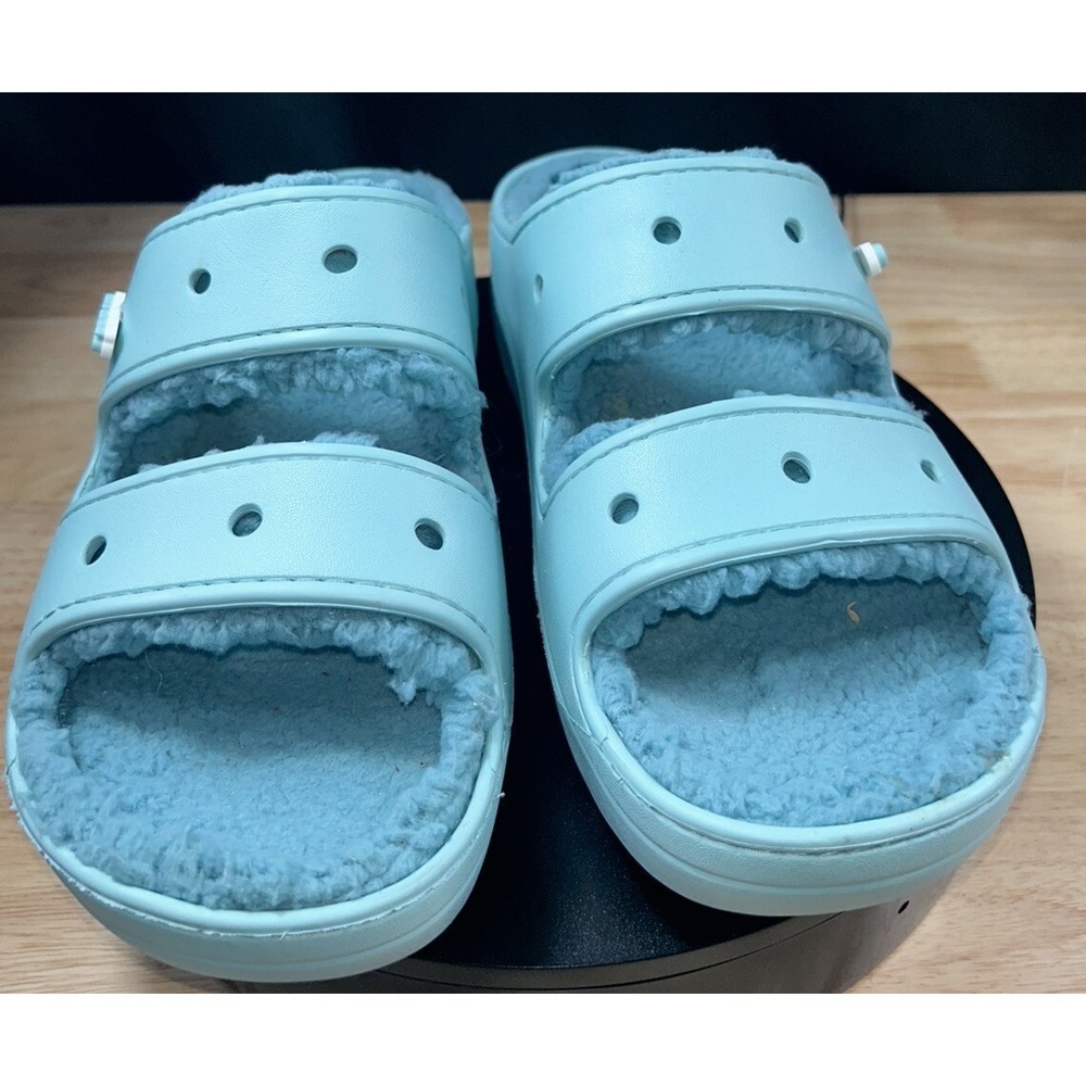 Crocs Classic Comfort Cozzy Slide Warm Fuzzy fleece lined Sandals Men's Teal 14